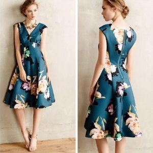 Anthropologie Moulinette Soeurs Baikal Floral Dress Fit Flare Teal Sz 12